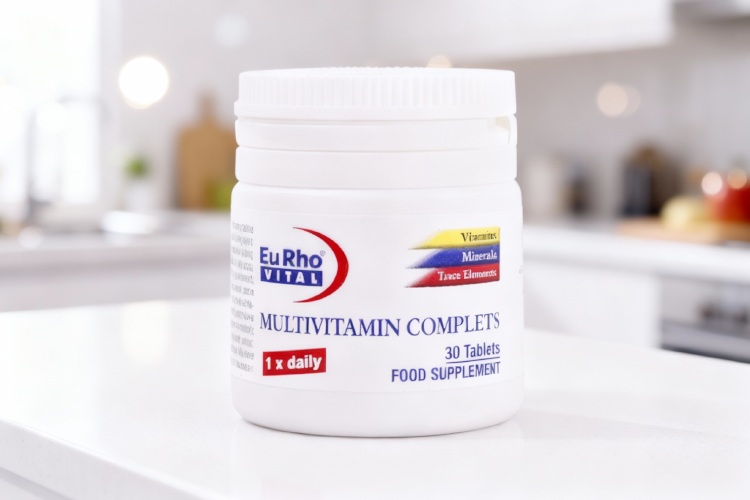 تصویر بطری قرص مولتی ویتامین کامپلیت یوروویتال روی پیشخوان سفید